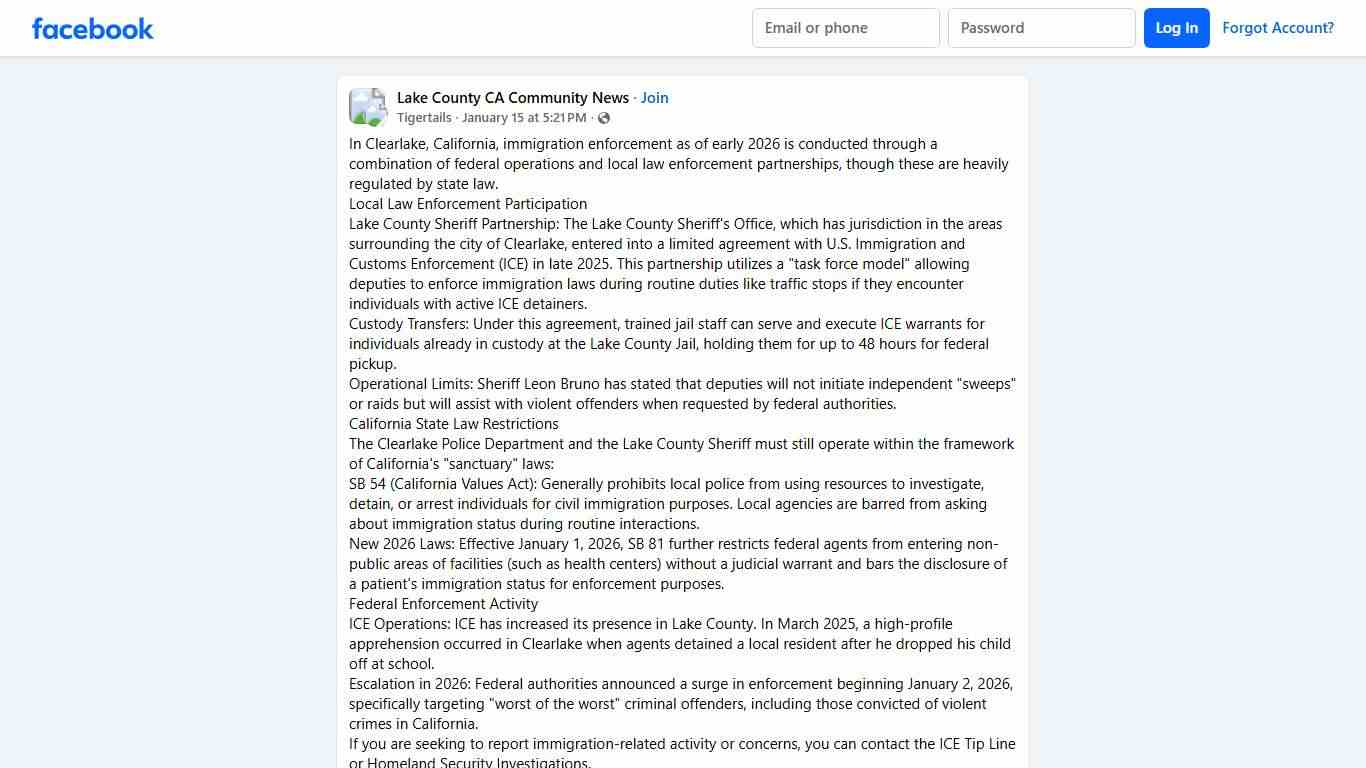 Lake County CA Community News In Clearlake, California, immigration enforcement as of early 2026 is conducted through a combination of federal operations and local law enforcement ... Facebook