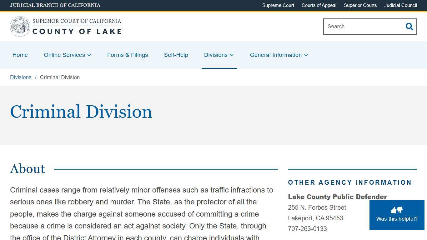 Criminal Division Superior Court of California County of Lake